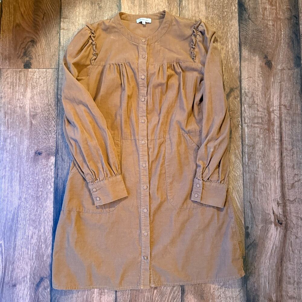 Another Love Women’s Button-Front Dress – Camel Brown – Ruffle Detail – Size L